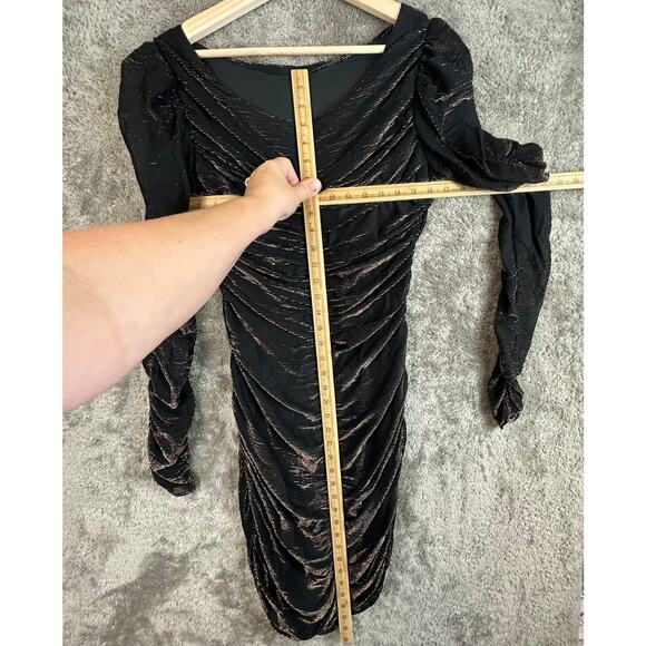 Vintage 80s Ruched Black Gold Metallic Mini Dress Long Sleeve Sheath Size 7 8 - Picture 12 of 12